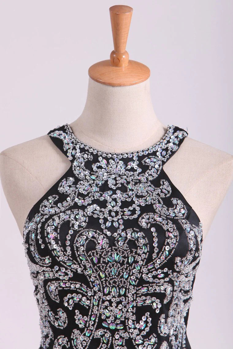 Mermaid Beaded Bodice Open Back Party Dresses Satin Floor Length